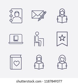 Outline 9 book icon set. phone , read the book, online reading, edit message, bookmark, favorite and pupil vector illustration