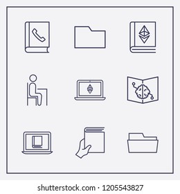 Outline 9 book icon set. ethereum with book, online book reading, hand with book and pupil vector illustration