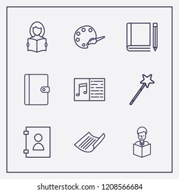 Outline 9 book icon set. paper, read the book, palette and phone book vector illustration