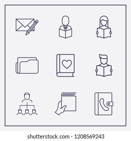 Outline 9 book icon set. hand with book, reading a book, edit message and favorite book vector illustration