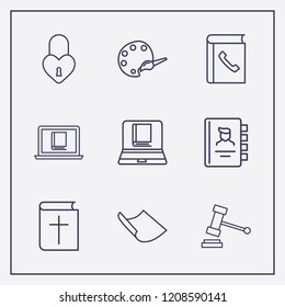 Outline 9 book icon set. paper, gavel, telephone book and online book reading vector illustration