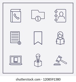 Outline 9 book icon set. telephone book, reading a book, online book reading and information folder vector illustration