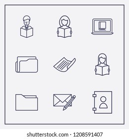 Outline 9 book icon set. reading a book, phone book, edit message and online book reading vector illustration