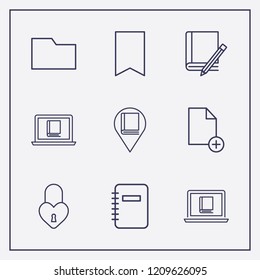 Outline 9 book icon set. bookmark, book and pencil, document add and library location vector illustration