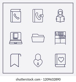 Outline 9 book icon set. favorite book, heart lock, online book reading and read the book vector illustration