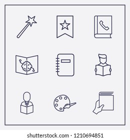 Outline 9 book icon set. reading a book, read the book, notebook and palette vector illustration