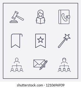Outline 9 book icon set. gavel, read the book, businessman organized and bookmark vector illustration