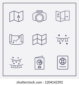 Outline 9 border icon set. old map, garlands, garland and photo camera vector illustration