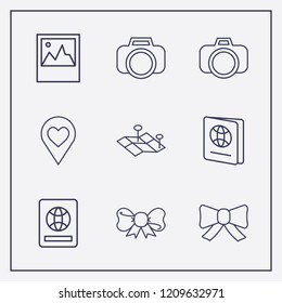 Outline 9 border icon set. love location, foreign passport, ribbon and bow vector illustration