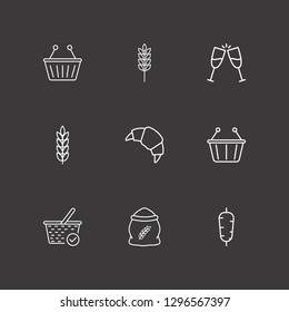 Outline 9 bread icon set. flour, check basket, toast and croissant vector illustration