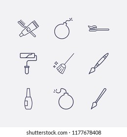 Outline 9 brush icon set. toothbrush, toothbrush and toothpaste, bomb, nail brush, broom, paint roller and paint brush vector illustration