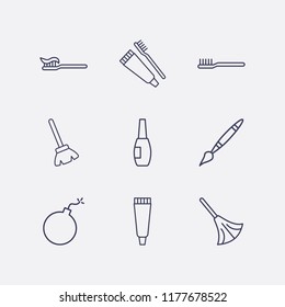 Outline 9 brush icon set. nail brush, bomb, toothbrush, tooth paste, toothbrush and toothpaste, broom and paint brush vector illustration