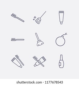 Outline 9 brush icon set. nail brush, bomb, tooth paste, toothbrush and toothpaste, toothbrush and broom vector illustration
