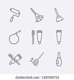 Outline 9 brush icon set. toothbrush and toothpaste, tooth paste, bomb, broom, paint roller and nail brush vector illustration