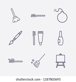 Outline 9 brush icon set. toothbrush, nail brush, bomb, painting board, paint brush, broom and toothbrush and toothpaste vector illustration