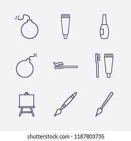 Outline 9 brush icon set. nail brush, painting board, paint brush, toothbrush, toothbrush and toothpaste, tooth paste and bomb vector illustration