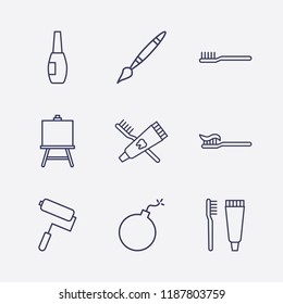 Outline 9 brush icon set. nail brush, paint roller, bomb, painting board, toothbrush, paint brush and toothbrush and toothpaste vector illustration