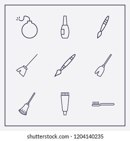 Outline 9 brush icon set. paint brush, broom, nail brush and tooth paste vector illustration