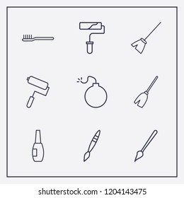Outline 9 brush icon set. paint brush, nail brush, toothbrush and bomb vector illustration