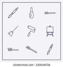 Outline 9 brush icon set. broom, toothbrush, nail brush and paint roller vector illustration