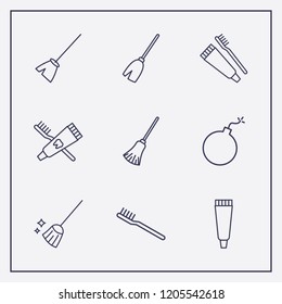 Outline 9 brush icon set. broom, toothbrush and toothpaste, bomb and tooth paste vector illustration