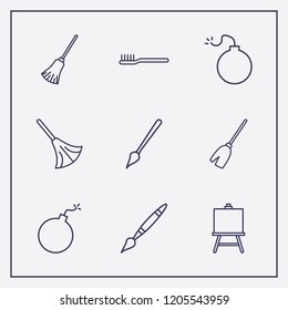 Outline 9 brush icon set. broom, painting board, toothbrush and bomb vector illustration