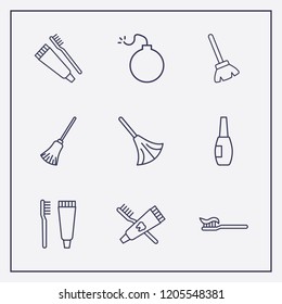 Outline 9 brush icon set. broom, toothbrush and toothpaste, toothbrush and bomb vector illustration