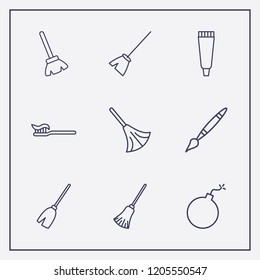 Outline 9 brush icon set. toothbrush, broom, paint brush and bomb vector illustration