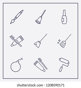 Outline 9 brush icon set. paint brush, paint roller, broom and toothbrush and toothpaste vector illustration