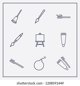 Outline 9 brush icon set. broom, paint brush, tooth paste and toothbrush vector illustration