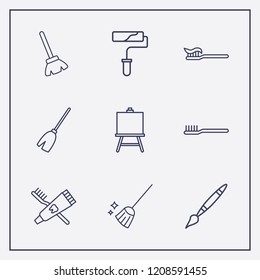 Outline 9 brush icon set. toothbrush and toothpaste, paint roller, broom and painting board vector illustration