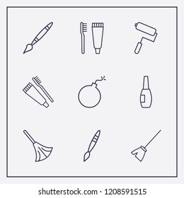 Outline 9 brush icon set. paint roller, toothbrush and toothpaste, bomb and nail brush vector illustration