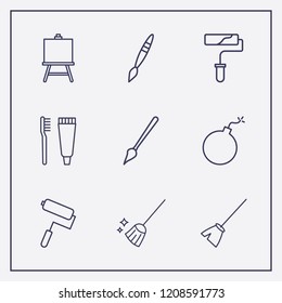 Outline 9 brush icon set. toothbrush and toothpaste, broom, paint brush and bomb vector illustration
