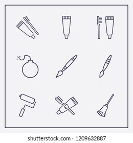 Outline 9 brush icon set. bomb, paint roller, tooth paste and paint brush vector illustration