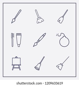 Outline 9 brush icon set. paint brush, broom, painting board and bomb vector illustration