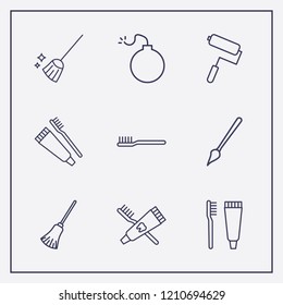 Outline 9 brush icon set. paint brush, toothbrush and toothpaste, toothbrush and paint roller vector illustration