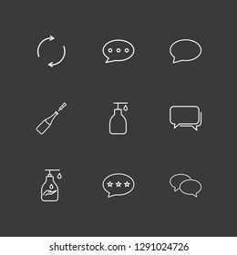 Outline 9 bubble icon set. chat bubble, liquid soap, champagne glass and refresh vector illustration