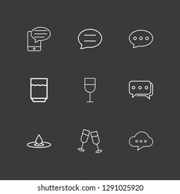 Outline 9 bubble icon set. champagne glass, cloud chat, drop and smartphone bubble chat vector illustration