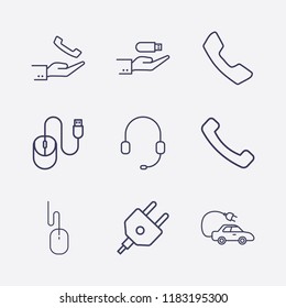 Outline 9 cable icon set. plug, mouse, headphone, handset, hand with handset, hand in usb and electric car vector illustration