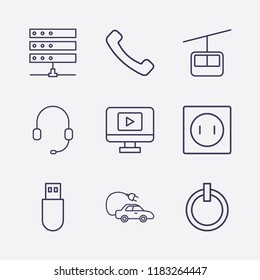 Outline 9 cable icon set. funicular, headphone, socket, usb, electric car, server, power, monitor with media player and handset vector illustration