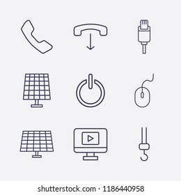 Outline 9 cable icon set. handset, usb plug, crane hook, solar battery, monitor with media player, mouse, power and handset down vector illustration