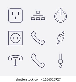 Outline 9 cable icon set. lan network, headset plug, handset down, power, socket, crane hook, handset and outlet vector illustration