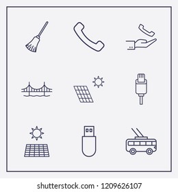 Outline 9 cable icon set. hand with handset, usb plug, handset and golden gate bridge vector illustration