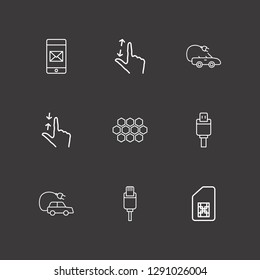 Outline 9 cell icon set. hand scroll, usb plug, electric car and honeycomb vector illustration