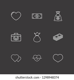 Outline 9 charity icon set. money, heart, money bag and organ donation vector illustration