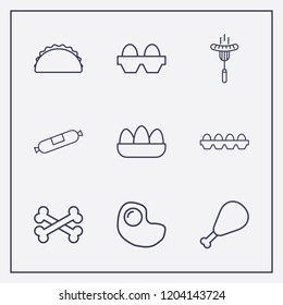Outline 9 chicken icon set. sausage, chicken leg, egg and sandwich vector illustration