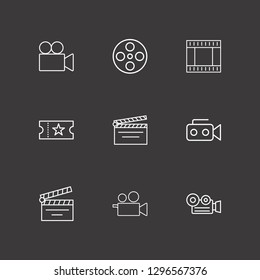 Outline 9 cinema icon set. movie clapper, film strip, movie roll and movie ticket vector illustration