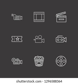 Outline 9 cinema icon set. movie clapper, popcorn, film strip and movie roll vector illustration