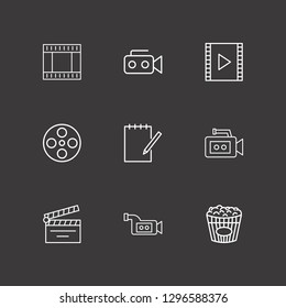 Outline 9 cinema icon set. video camera, notebook edit, movie roll and film strip vector illustration