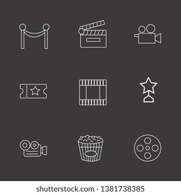 Outline 9 cinema icon set. movie clapper, popcorn, film strip and movie roll vector illustration